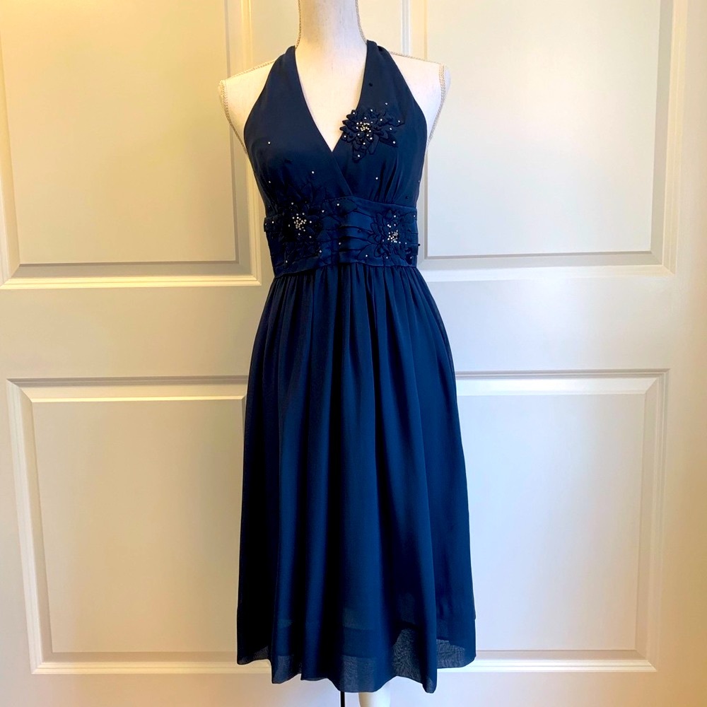 BCBG Blue Empire Waist Fit & Flare Halter Dress